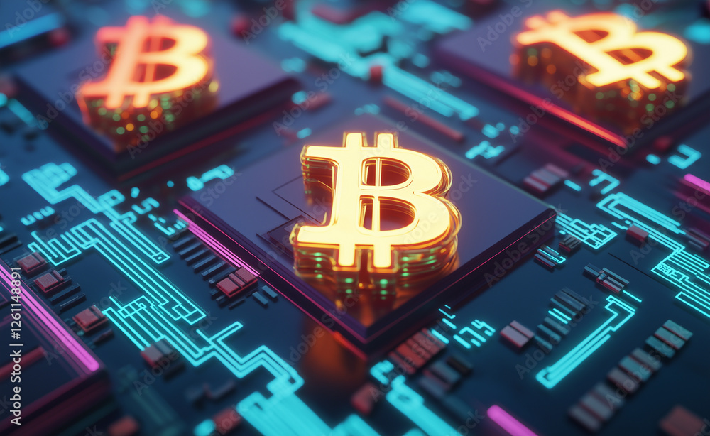 Poster a digital representation of bitcoin technology with glowing bitcoin symbols on a high-tech circuit b
