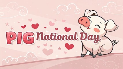 Cute cartoon pig celebrating national day with hearts and clouds background