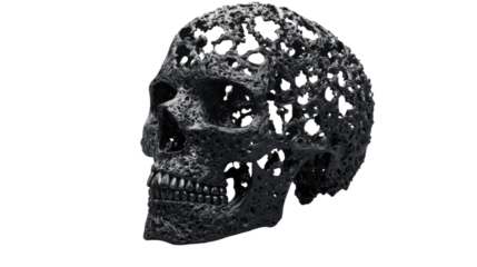 Dark gray porous skull rotating on transparent background