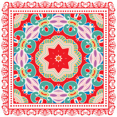Decorative doodle ornament, symmetric pattern with lace frame. Tribal ethnic mandala decor. Bandana shawl, hijab, tablecloth fabric print, silk neck scarf, kerchief design. Colorful vector background