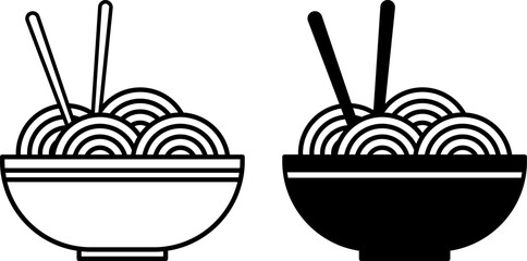 Noodles Icons. Black and White Vector Drawings. Spaghetti in Plate, Chopsticks. Meal Concept