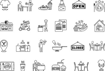 Restaurant Icon Set. Vector Illustrations Food, Chef, Service, Fast Food, Food Preparation, Kitchen, Waiter, Menu, Food Delivery, Cook, Cafeteria, Table and Others