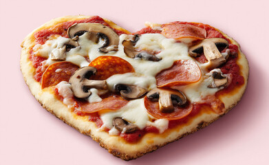 A heart-shaped pizza with pepperoni and mushrooms on a soft pink background.
