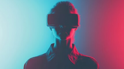 Woman exploring immersive digital reality with virtual reality headset