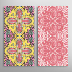 Vertical seamless patterns set, floral geometric lace texture for Wedding, Valentine's day, greeting card or Birthday Invitation. Decorative seamless doodle backgrounds. Ethnic ornament border pattern