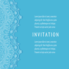 Invitation or Card template with lacе frame border, doodle line pattern, mandala element. Decorative openwork filigree art background for Wedding, Valentine's day greeting card, Birthday Invitation