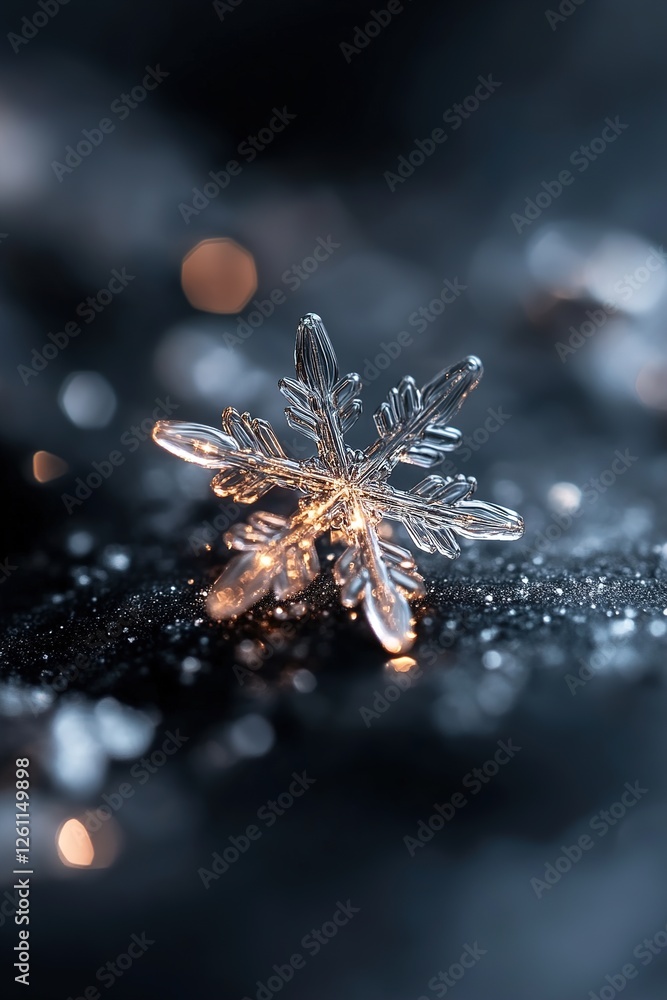 Poster a delicate snowflake radiates a warm glow in a soft-focus setting, set against a matte black backgro