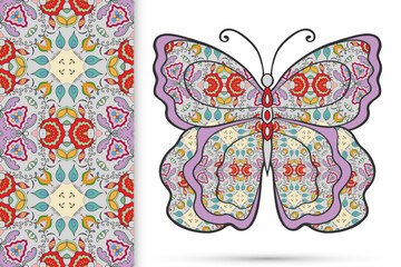 Decorative butterfly and colorful doodle seamless pattern, hand drawn repeating texture. Isolated elements for textile fabric, paper print, invitation or greeting card design. Vector animal collection