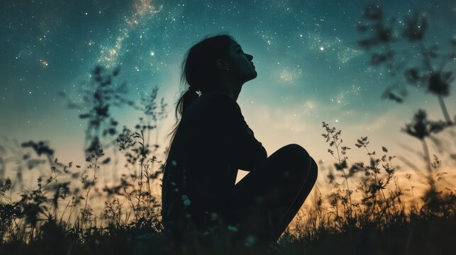 Young woman gazes skyward under a canopy of celestial wonder at twilight