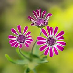 Obraz premium Osteospermum Whirlygig in purple, African daisy flowers, against a white square background.