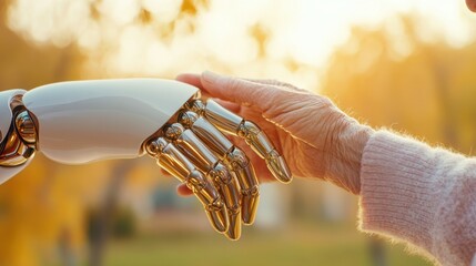 A touching close-up of an elderly person's hand gently holding a humanoid robot's metallic hand, symbolizing the connection between humanity and artificial intelligence.