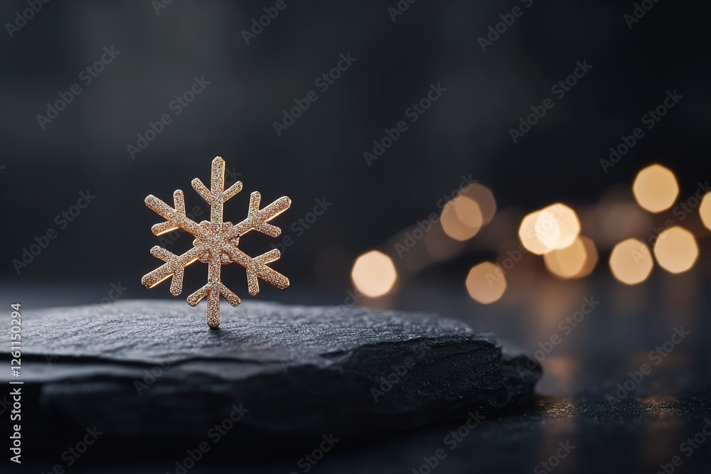 Poster a single glowing snowflake emanates light in soft-focus, resting on a sleek surface that enhances it