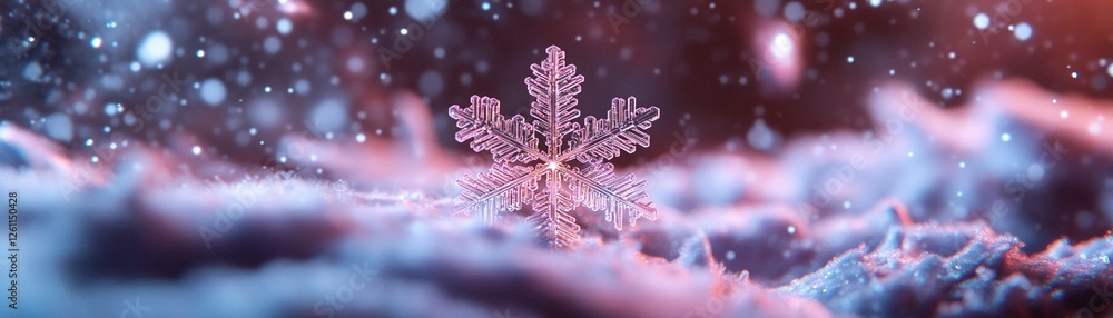 Poster a radiant snowflake floats gracefully through a mysterious cosmic nebula, surrounded by soft-focus m