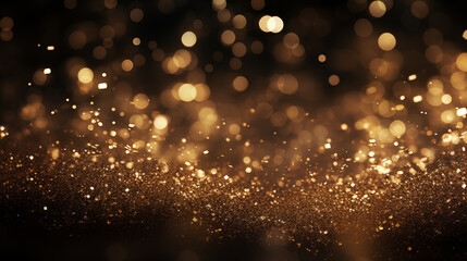 Particules scintillantes et brillantes volant sur fond sombre, noir. Lumière orangée, paillettes dorées et flou. Fond pour bannière, conception et création graphique.
