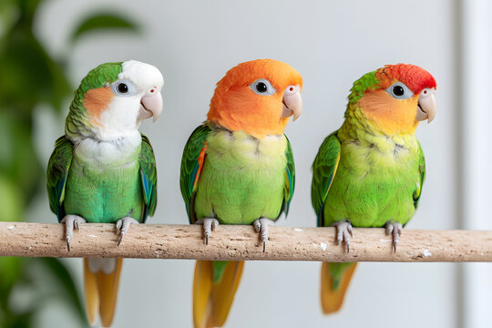 Colorful Parrots on a Branch: Three vibrant birds perch together, showcasing their unique plumage and creating a delightful, eye-catching avian tableau. 