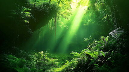 Lush green forests with sun rays peeking through