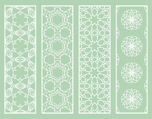 Decorative geometric line borders with repeating texture. Tribal ethnic arabic, indian, turkish ornament, bookmarks templates set. Isolated design elements. Stylized lace patterns collection