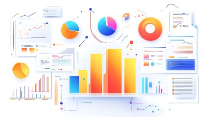 Colorful 3D bar and pie charts on a paper with graphs in a modern office setting, A colorful bar graph and pie chart