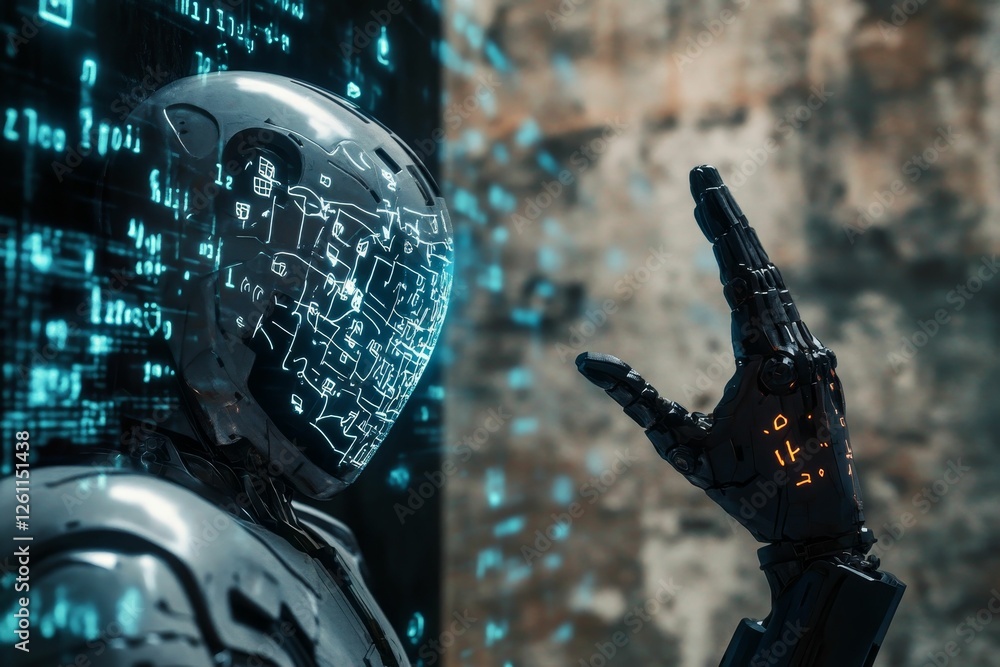 Poster futuristic robot interacts digital interface advanced technology