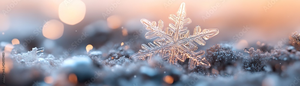 Poster A single detailed snowflake rests on a frosty surface, surrounded by a magical winter ambiance. Soft glowing edges highlight its unique structure in a shallow depth of field