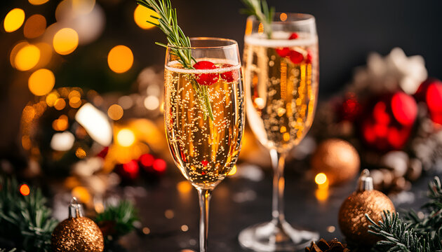 Mimosa festive drink for Christmas - champagne cocktail with rosemary for Christmas party