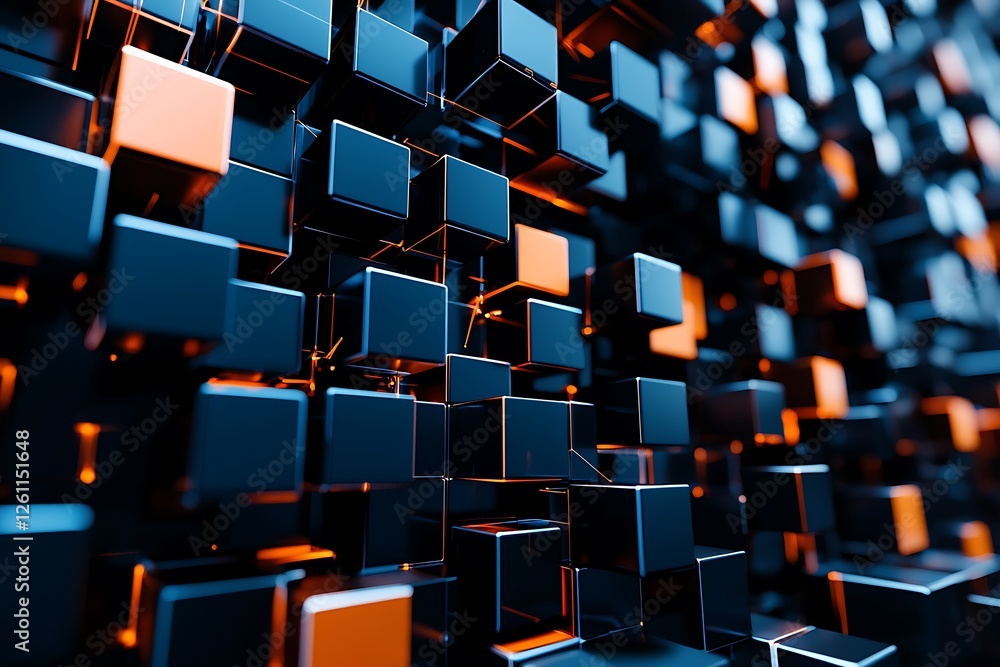 Poster black, blue, and orange hexagon background pattern, 3d rendering representing modern digital systems