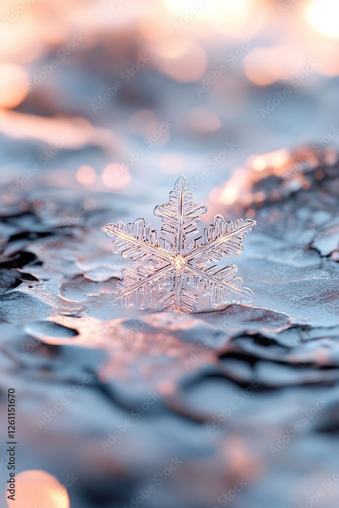 Poster delicate snowflake rests in soft-focus, illuminated by warm glowing edges against a frosty backdrop,