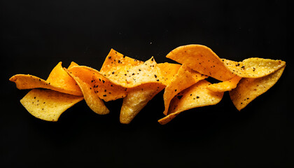 Naklejka premium Tortilla or Nacho Chips for snack. Mexican Corn Chips Nachos on black background, top view, copy space