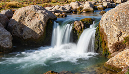Fototapeta premium Scenic view of a weir with flowing water over rocks in a natural landscape