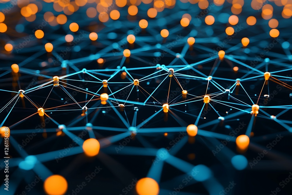 Poster black, blue, and orange hexagon background pattern, 3d rendering representing modern digital systems