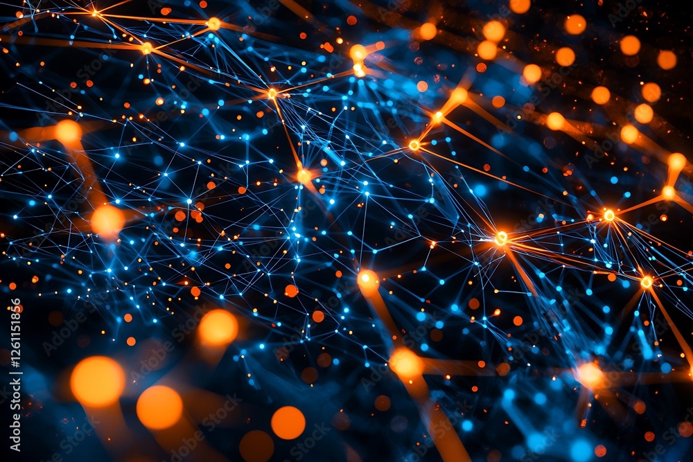 Poster black, blue, and orange hexagon background pattern, 3d rendering representing modern digital systems