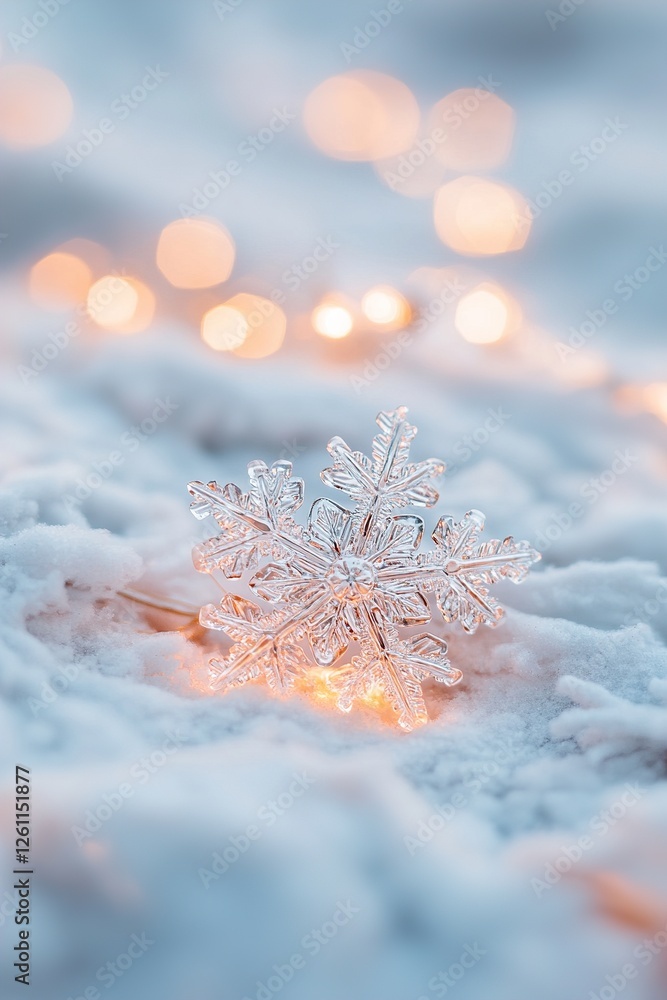 Poster a single intricate snowflake glistens softly in a winter environment surrounded by delicate glowing 