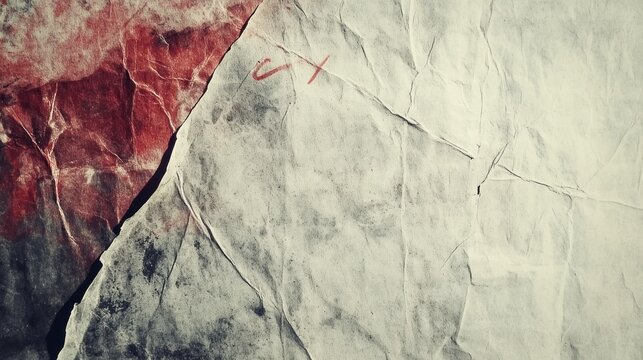 Crumpled paper texture, red stain, background