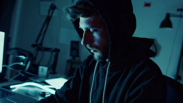 Professional hacker codes program to improve security of hidden corporation. Dangerous work and proficiency in digital technologies