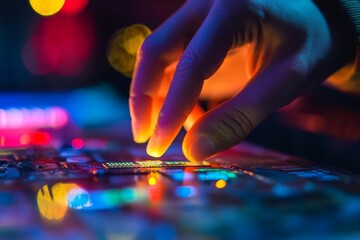 Fingers touch vibrant circuit board glowing.
