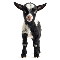 Obraz premium Adorable baby goat, farm animal, white background, playful expression, perfect for greeting cards