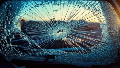 Shattered windshield view at sunset reflecting a moment of impact and destruction