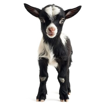 Adorable baby goat, farm animal, white background, playful expression, perfect for greeting cards