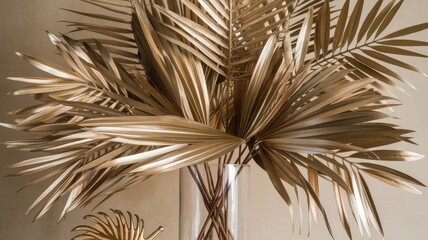 A stunning arrangement of golden palm leaves elegantly displayed in a clear glass vase, adding a luxurious touch to any decor.