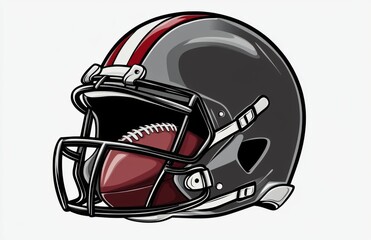 Fototapeta premium American football helmet vector illustration with a ball, gray and red stripes on a white background, simple design