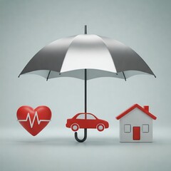 A protective umbrella shielding icons of a heart, car, and house, symbolizing health, auto, and home insurance. Free space for text. Ideal for insurance marketing, presentations.