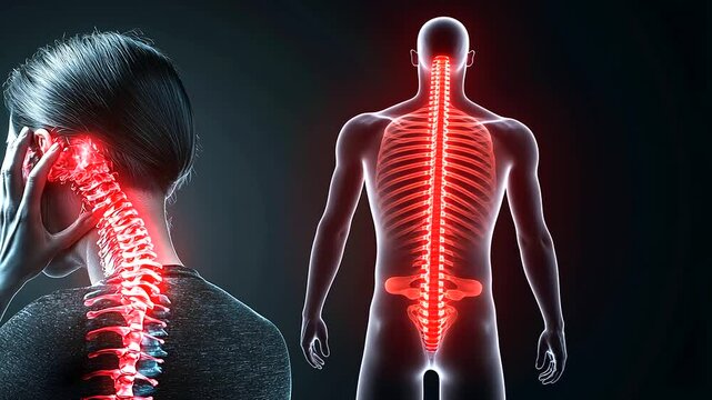 An artistic depiction of a mature woman against a black background, her cervical spine glowing bright red, with her hand reaching toward her neck to show pain