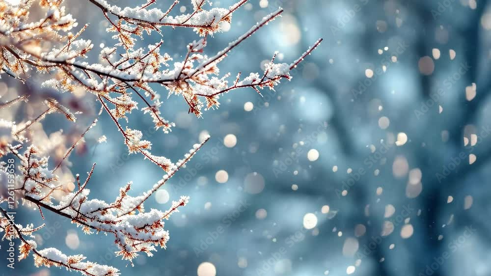 Poster Snowfall gently blankets branches in a serene winter landscape, creating a tranquil atmosphere filled with delicate flakes and soft lights
