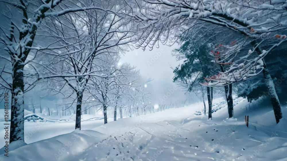 Poster Enchanting 4K animation of a snowy landscape with serene trees and a quiet pathway in a winter wonderland during a soft snowfall