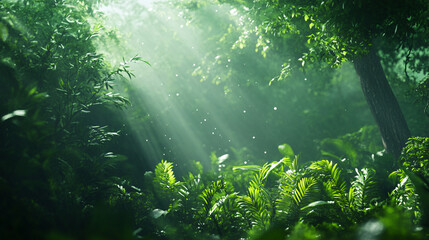 Lush green forests with sun rays peeking through