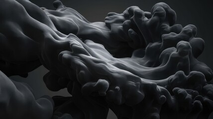A mesmerizing, abstract close-up of dark, fluid shapes intertwined, creating a sense of motion and depth in a surreal, monochromatic atmosphere.