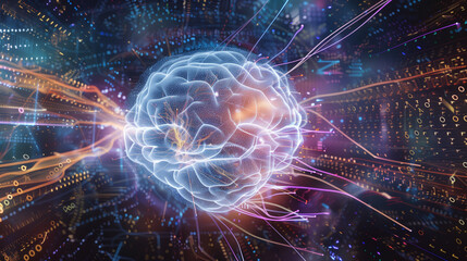 A conceptual representation of artificial intelligence: a glowing digital brain made up of intricate circuits and neural pathways, floating in a dark, futuristic space.
