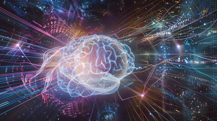 Fototapeta premium A conceptual representation of artificial intelligence: a glowing digital brain made up of intricate circuits and neural pathways, floating in a dark, futuristic space.