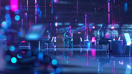 A futuristic office scene featuring humanoid robots sitting at desks