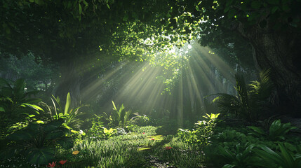Lush green forests with sun rays peeking through